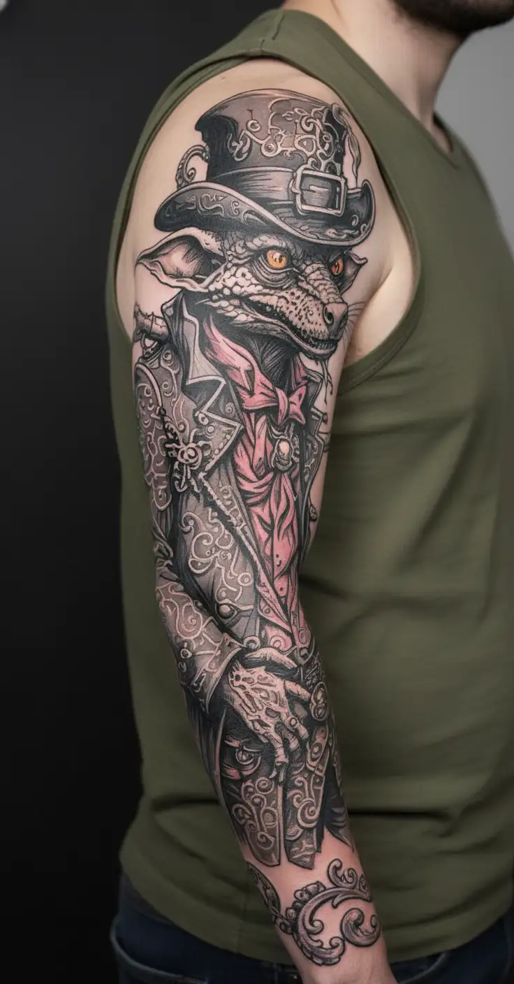 dnd kobold with a pimp hat and pimp coat tattoo design idea