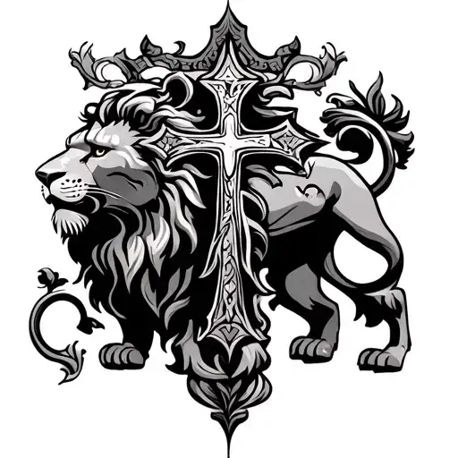 cross and lion standing tattoo design idea