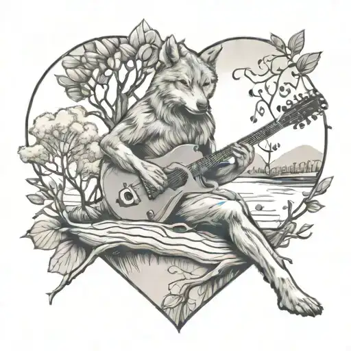 A surreal scene of a wolf playing a guitar under a tree with heart-shaped leaves, symbolizing the client's love for music and nature tattoo design idea