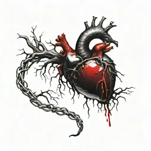 Silver Realistic Human Heart, bleeding, wrapped in thorns, bloody, Black red, veins Vessels, Aorta valve, dripping blood tattoo design idea