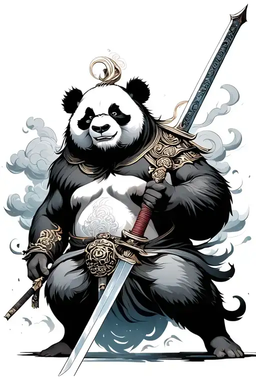 panda raijin god with sword and clouds and magatama tattoo design idea