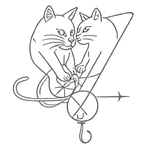 Two cats are playing with a ball of wool. The thread is in the shape of an ECG line and above it are five stars, mini tattoo design idea