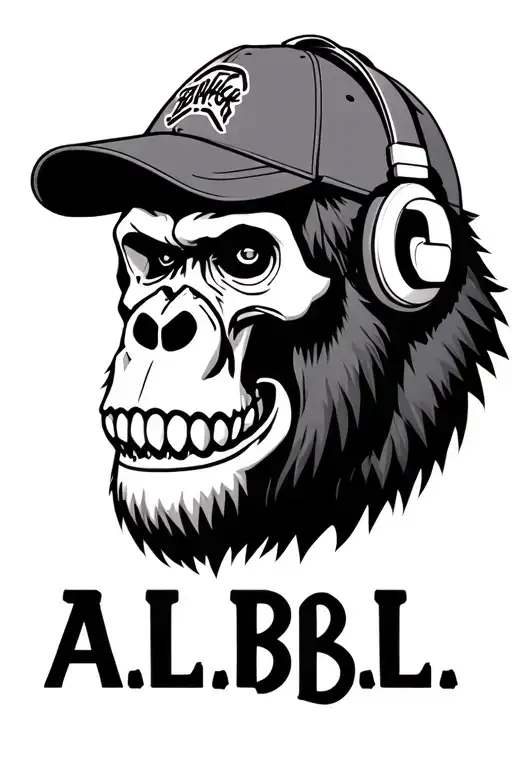evil gorilla skull wearing headphones and a cap with "A.L.B.L" written underneath in gothic lettering tattoo design idea