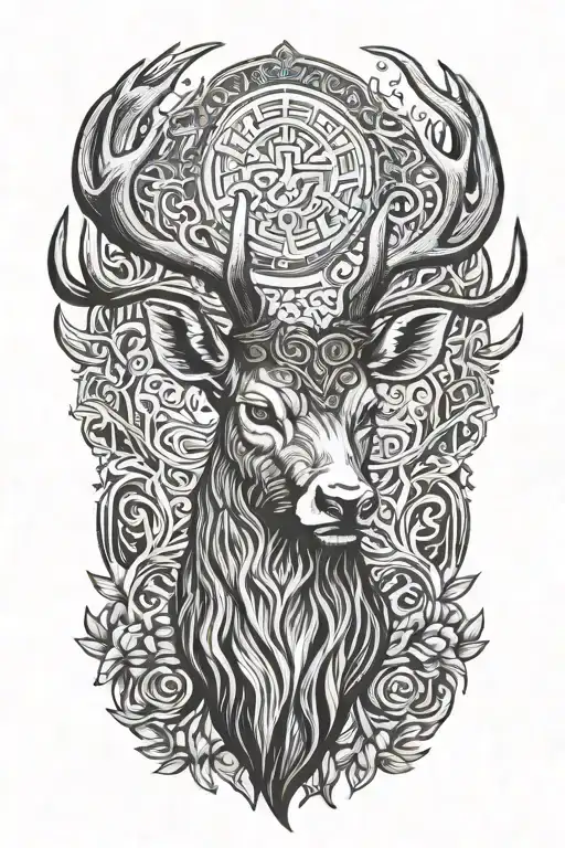 Powerful stag head with large antlers, yggdrasil tattoo design idea