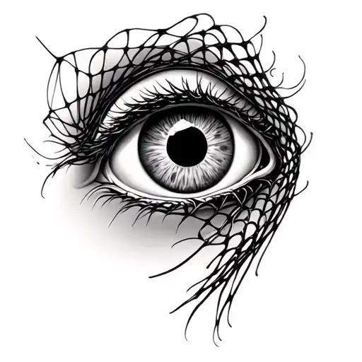 thick fishnet covering lower arm with a realistic eyeball with lash tattoo design idea