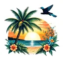 PALM TREE BIRDS FLOWERS AND SUNSET WITH SAND DUNES tattoo design idea