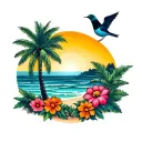 PALM TREE BIRDS FLOWERS AND SUNSET WITH SAND DUNES tattoo design idea