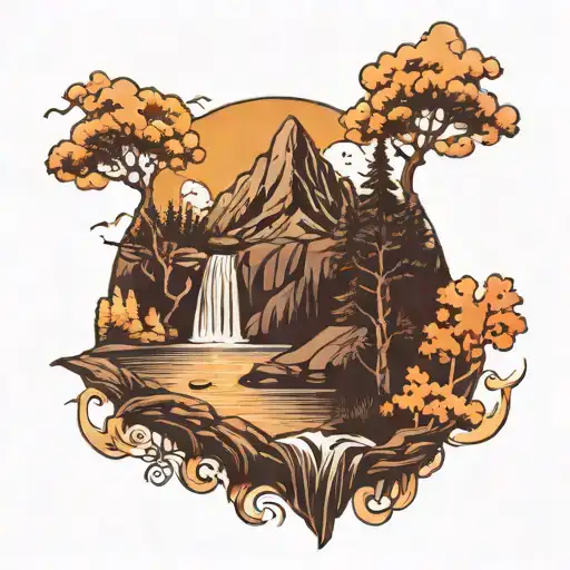 Half sleeve tattoo with mountains trees sun set waterfall and lake all dark colors tattoo design idea