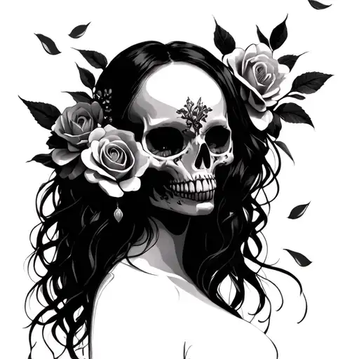 gothic girl beautiful woman skull rose cherry blossom petals tattoo design idea