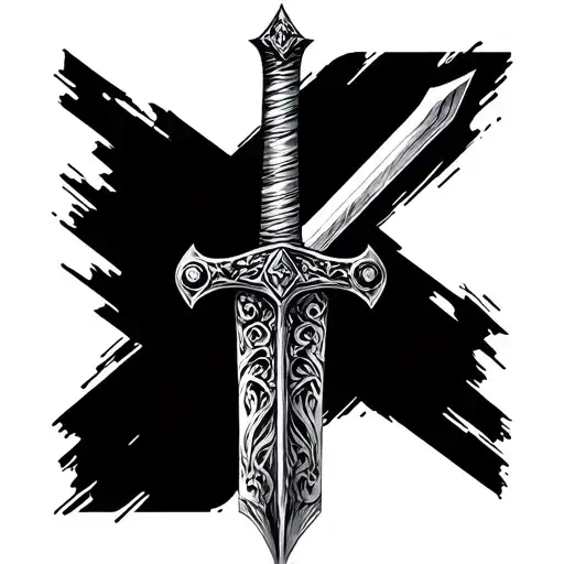 Realistic tattoo, in elongated and vertical shape, perfect for the neck. The image must show a sword tattoo design idea