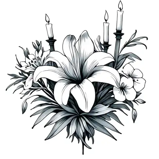 Birth Bouqet. February Minimalist outline design including candlesticks, lilies, iris and primrose tattoo design idea