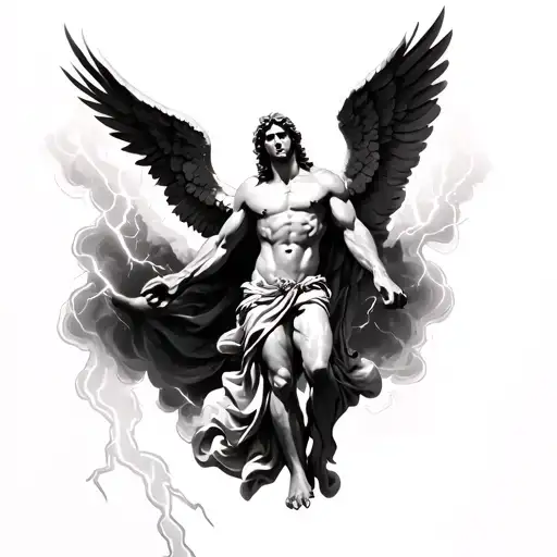 Icarus falling st michael with fallen angel and lightning  tattoo design idea