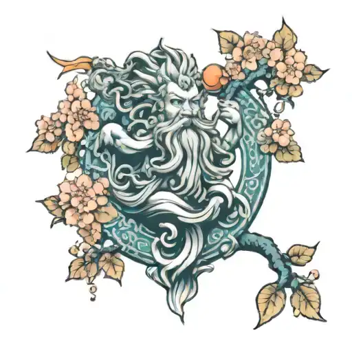 King Neptune statute with cherry blossoms, orange blossoms, and buckeyes tattoo design idea