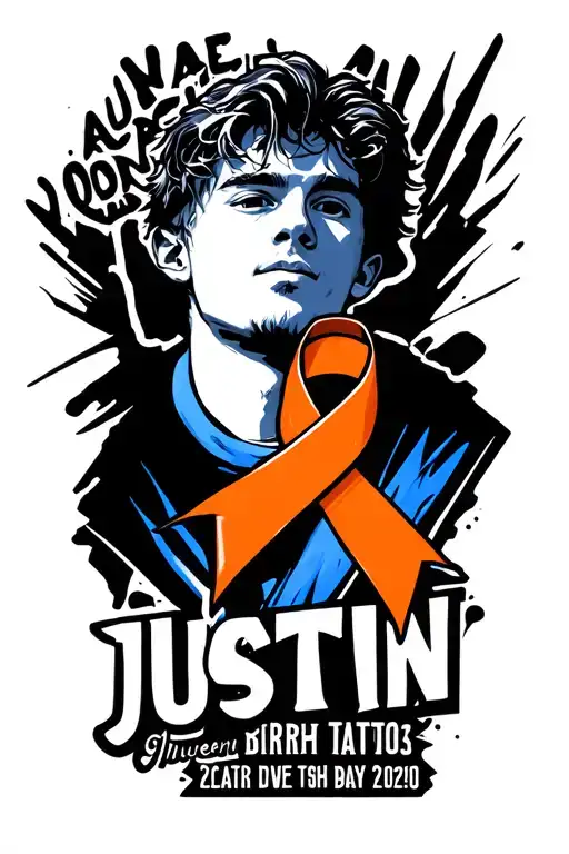 The name Justin in orange and blue with a leukemia orange ribbon with his birth date and his death date tattoo design idea