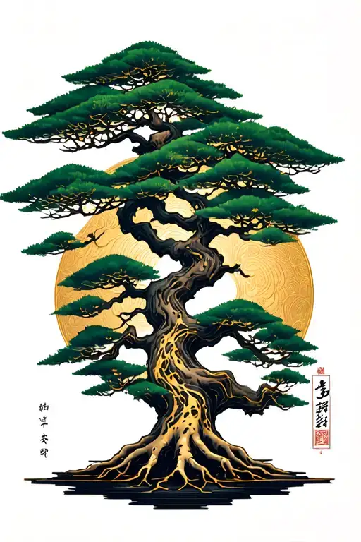Bonsai tree with golden roots reaching deep and the Word Kintsugi tattoo design idea