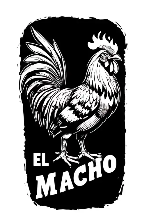 sexy rooster crowing in the air with two legs with "El Macho" written below tattoo design idea