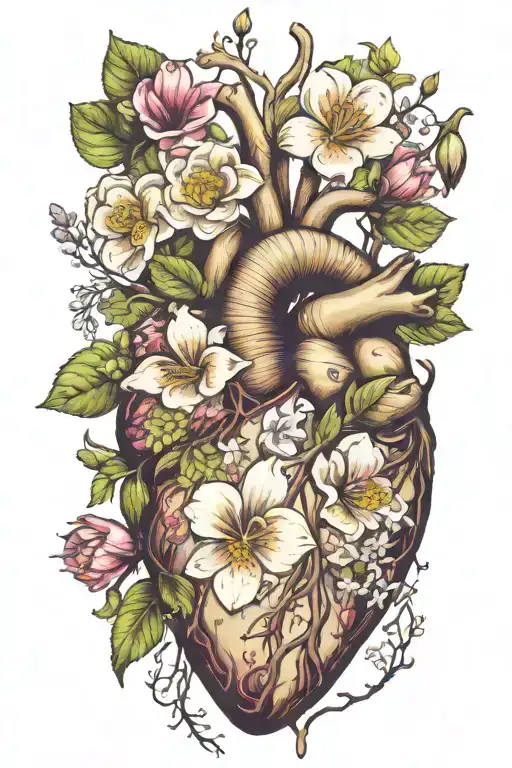 May, August, October, November, February birth flowers growing from tree branches and small anatomical heart tattoo design idea