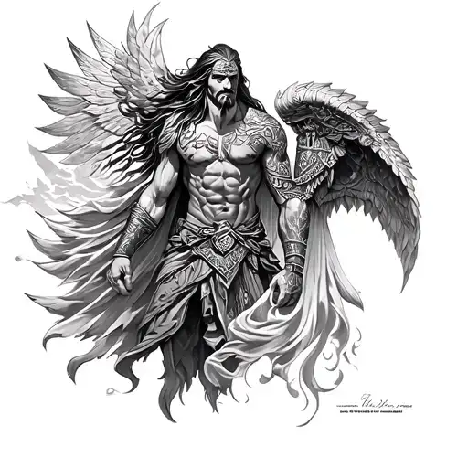 Full arm sleeve fearturing •	Theme: Fallen Viking warrior's journey to Asgard, guided by a Valkyrie.•	Style: Fine-line  tattoo design idea