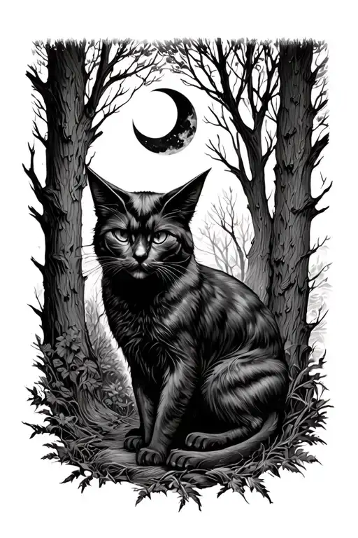 Demon cat with a crescent moon in the sky, in the woods. tattoo design idea