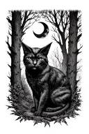 Demon cat with a crescent moon in the sky, in the woods. tattoo design idea