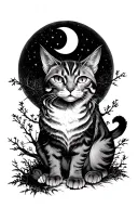 Demon cat with a crescent moon in the sky, in the woods. tattoo design idea