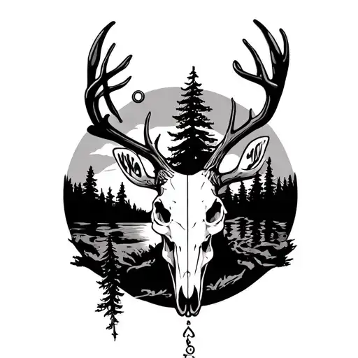 pine trees, sunset, pocket watch, deer skull tattoo design idea