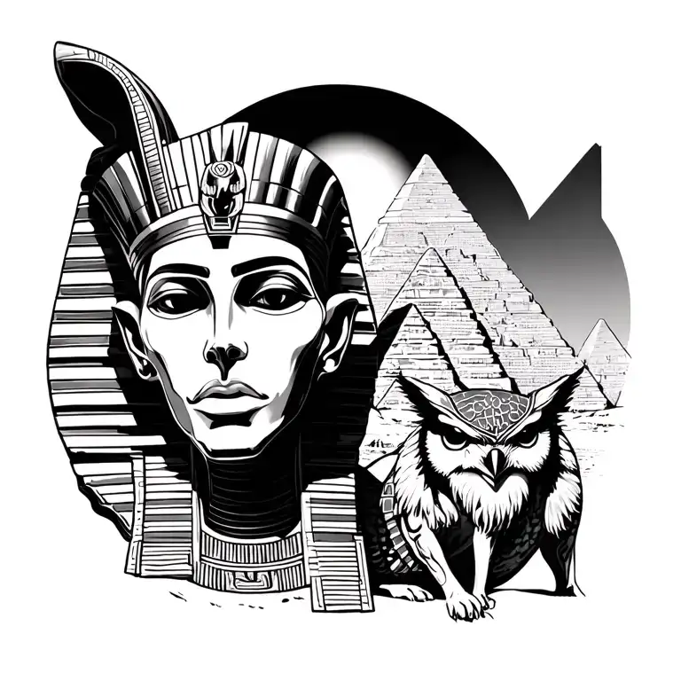 egyptian full back peice with alien head in pharoah mask overlooking pyramids with Anubis dog and Osiris owl on eith sid tattoo design idea