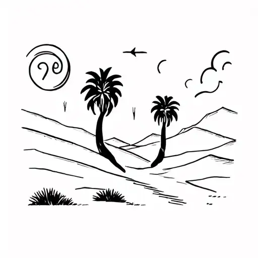 Minimal vintage style sketch of desert, palm trees and triple sevens tattoo design idea
