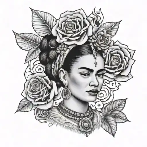 Frida khalo day of the dead with photo realistic flowers  tattoo design idea