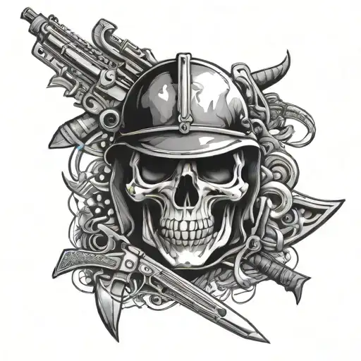 skull Scorpion soldierstyle gun as scissors ammo belt Militäryhelmet tattoo design idea
