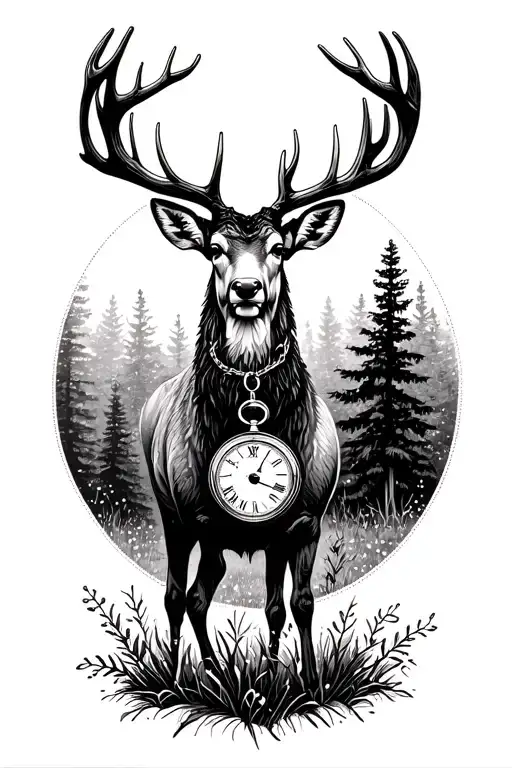 A silhouette of a majestic deer standing in a forest clearing, with a vintage pocket watch hanging from its antlers tattoo design idea