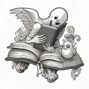 cute ghost reading a book with a lovebird perched tattoo design idea
