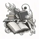 cute ghost reading a book with a lovebird perched tattoo design idea