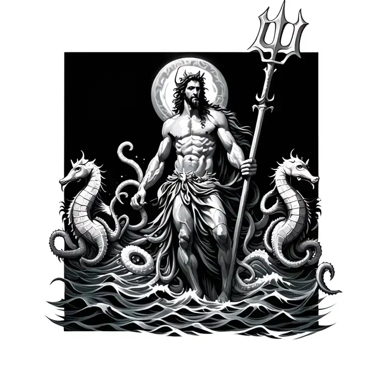 poseidon holding a trident with waves and sea horses which look war loke and octpus tattoo design idea
