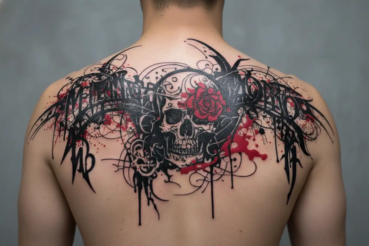 Phrase say "Memento Mori" using gothic inspired lettering red and black tattoo design idea