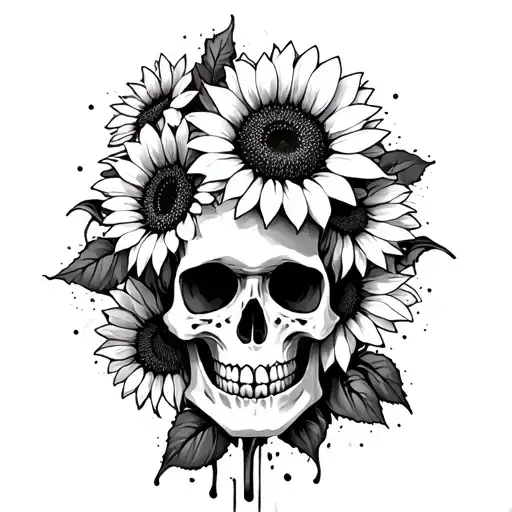 skull and sunflowers trash polka style tattoo design idea