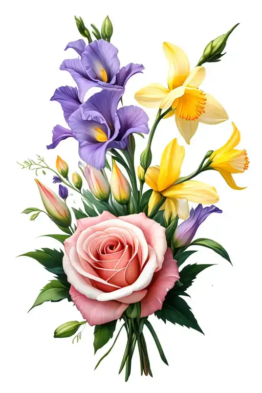 one gladiolus, one daffodil, sweet pea, rose bouquet tattoo design idea