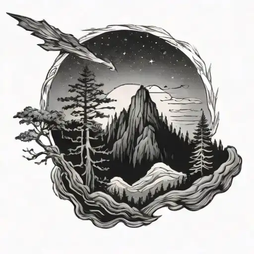 A serene scene of a redwood forest blending into a mountain range, with a shooting star streaking across the night sky tattoo design idea