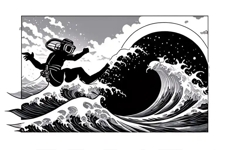 geo waves, sun, diver tattoo design idea