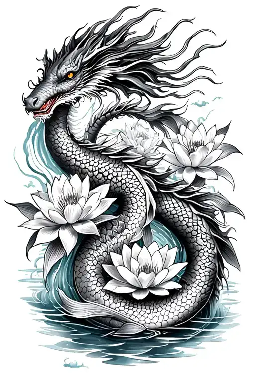 large Chinese sea dragon, 5 swimming koi fish, water lillies, and water thigh tattoo tattoo design idea