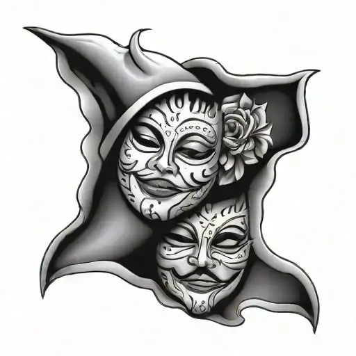 happy and sad mask and Temida tattoo design idea