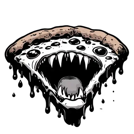A melting slice of pizza with a screaming mouth in it, bold black ink, cartoonish horror-surreal style tattoo design idea