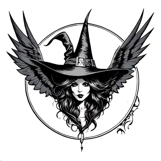 witch hot sexy pointy hat moon behind witch flying evil  tattoo design idea