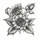 Sunflower, rose, potency, lilium, violet, lavender, daisy, gerbera tattoo design idea