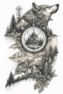 dense pineforest mountain landscape  wolf compass  tattoo design idea