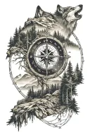 dense pineforest mountain landscape  wolf compass  tattoo design idea