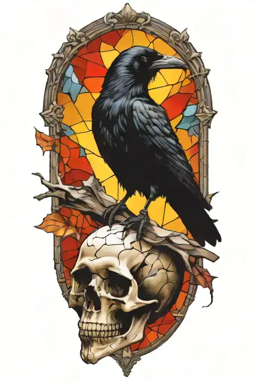 Raven perched on skull with stained glass shards tattoo design idea