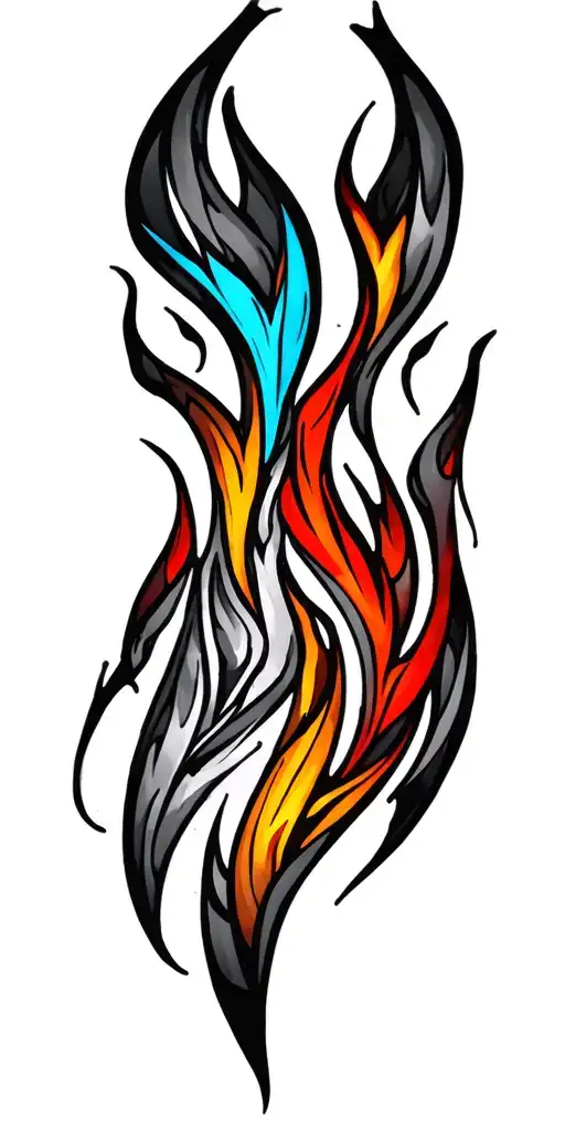 tribal patterns in long flame like structure with a few  light blue colours and some colours from light yellow to red  tattoo design idea