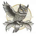half owl tattoo with minimalist and clean lines sun rays and lightning in the background tattoo design idea