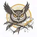 half owl tattoo with minimalist and clean lines sun rays and lightning in the background tattoo design idea